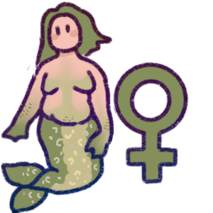 a mid-sized mermaid with a venus symbol next to her. she has green hair, hands, chest, and tail. 